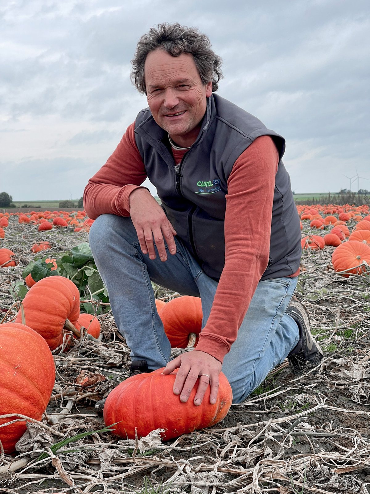 Producteur agenouillé dans son champ de potirons